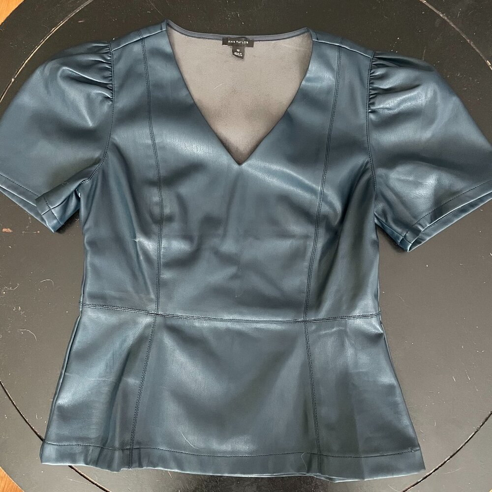 Faux Leather Puff Sleeve Peplum Top